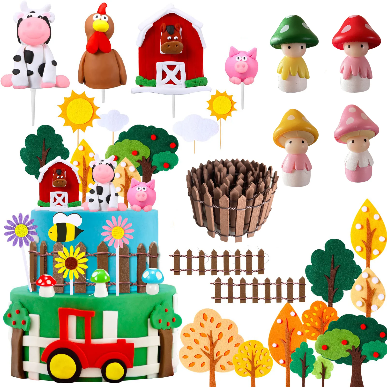Farm Animal Cake Topper Children Birthday Cake Decoration Clay Cow Cupcake Toppers Baby Shower Barn Theme Party Supplies