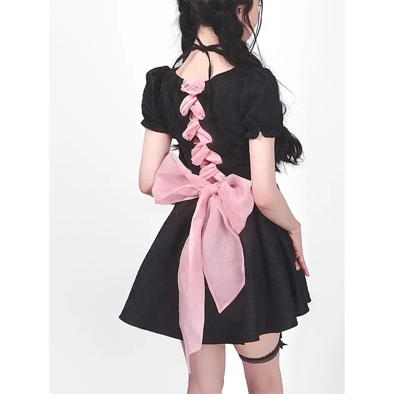 

Летнее черное платье, розовое Бандажное платье с бантом, ажурное приталенное милое женское платье-трапеция с лямкой на шее Y2k, милые коротки...