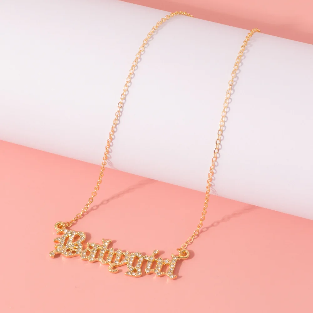 

Old English Font Alloy Chain Girlfriend Birthday Pendants Necklaces Zircon Babygirl Necklace for Women Fashion Jewelry