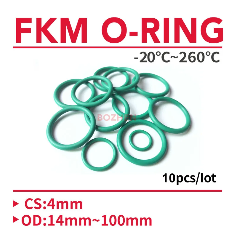 

10Pcs CS 4.0mm OD 14~100mm Green FKM Fluorine Rubber O Ring Sealing Gasket Insulation Oil High Temperature Resistance Green