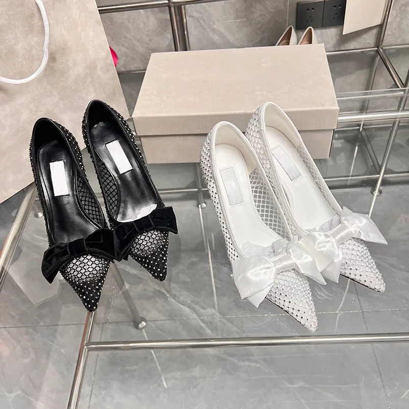 

23 весенне-летние новые туфли с острым носком, сетчатые, с алмазным бантом, Европейская и американская мода, туфли-лодочки на шпильке