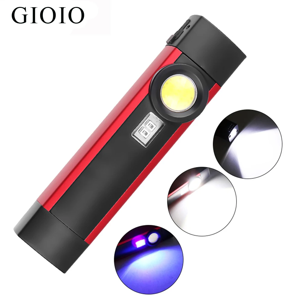 COB XPE LED Flashlight Build-in Battery Work Light Portable Torch with UV Light 4 modes with Magnet Lanterna Camping Fishing