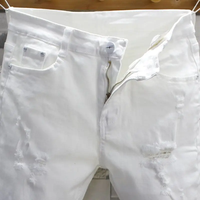 Модные уличные роскошные белые джинсы для мужчин облегающие хлопковые брюки в