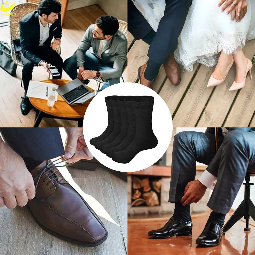 LAZAWG 5 Pair Men's Bamboo Fiber Socks Harajuku Retro Breathable Business Man Socks Black Long Sock Deodorant Gift