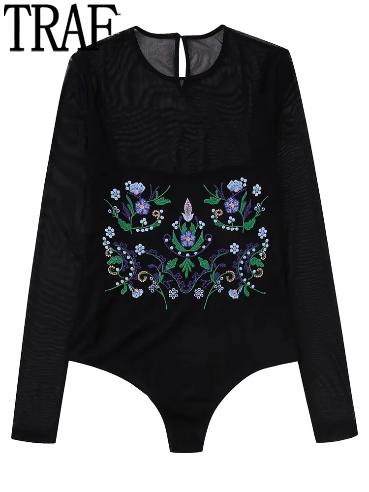 

Женское Сетчатое боди с вышивкой, с длинным рукавом