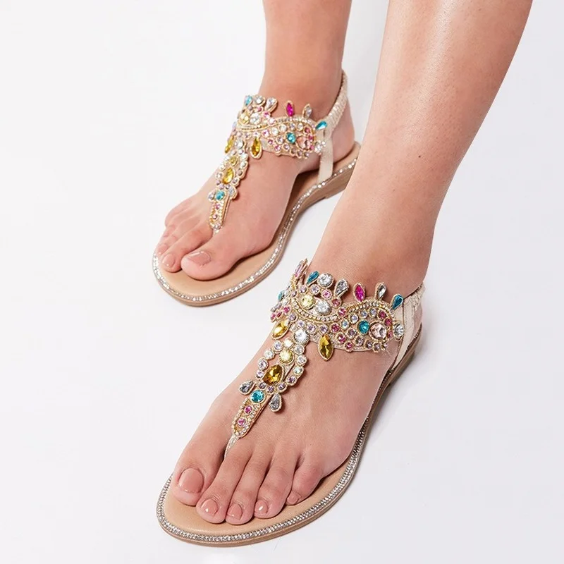 

Women's Fashion Sandals 2022 Summer New Sandals Colored Diamond Beach Sandals Round Toe Flats Casual Large Size Sandals