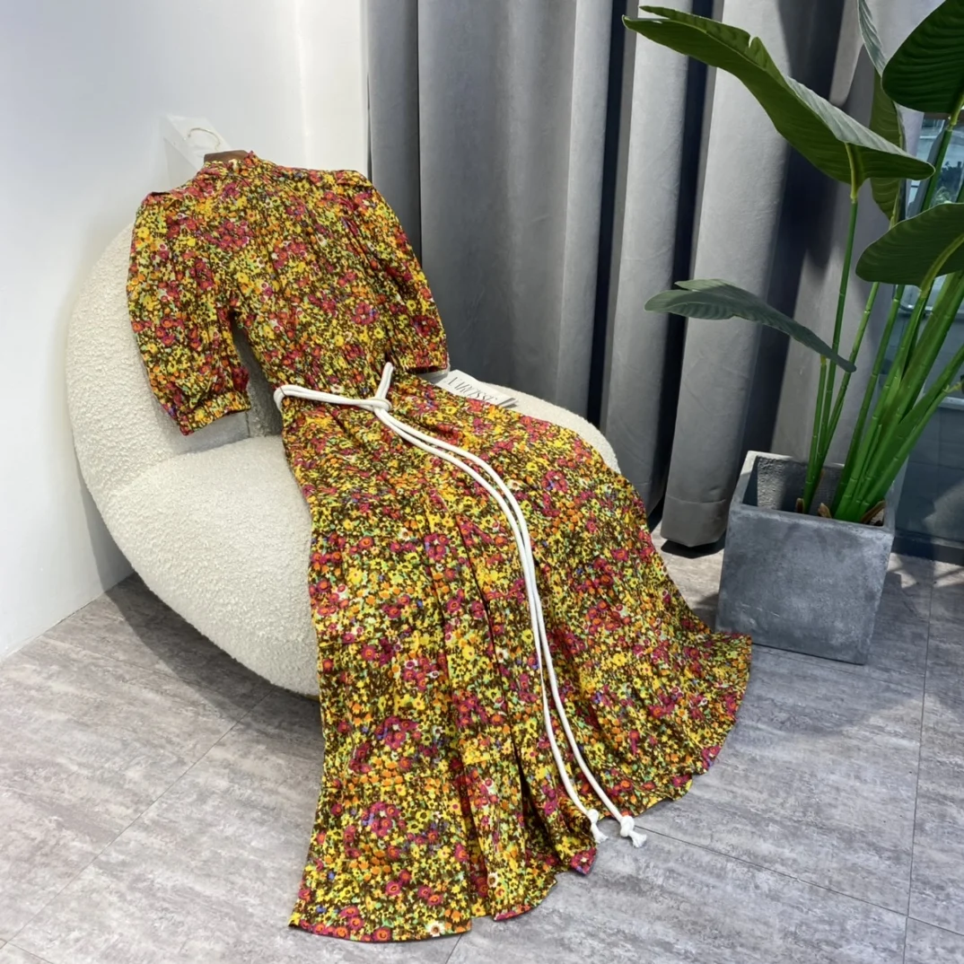

2022 Spring New Arrival Bohemian Ladies Elegant Cotton Multi Yellow Red Blue Floral Printing Dress Vintage Style Sashes