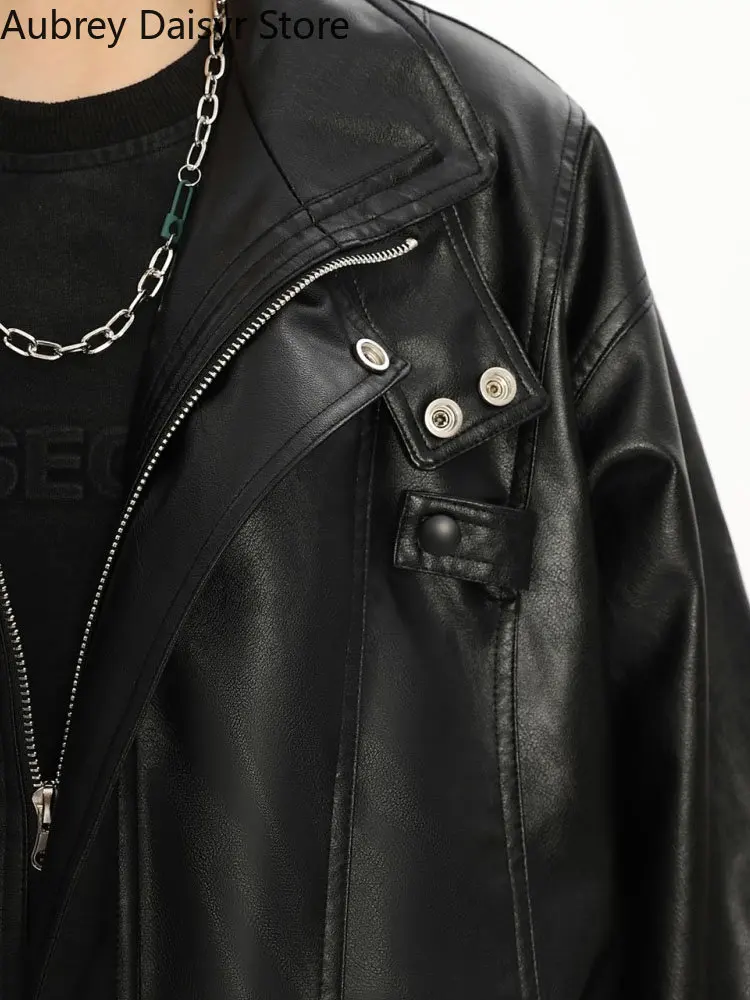 Streetwear Loose Black Leather Jacket Women Punk Fashion Trend Biker Zipper Leather Jacket High Street Vintage Chic Leather Coat