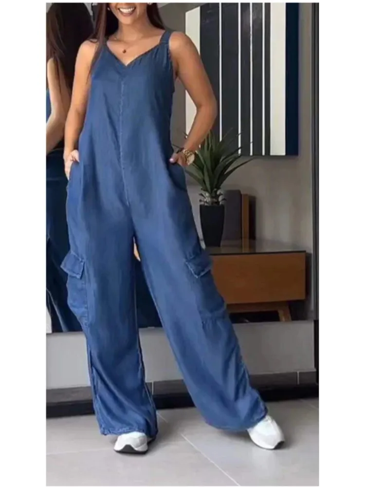 dekolt w serek pończoch jednolity kolor kombinezon dla kobiet wiosna lato moda uliczna kieszeń luźne kombinezony damskie Y2K