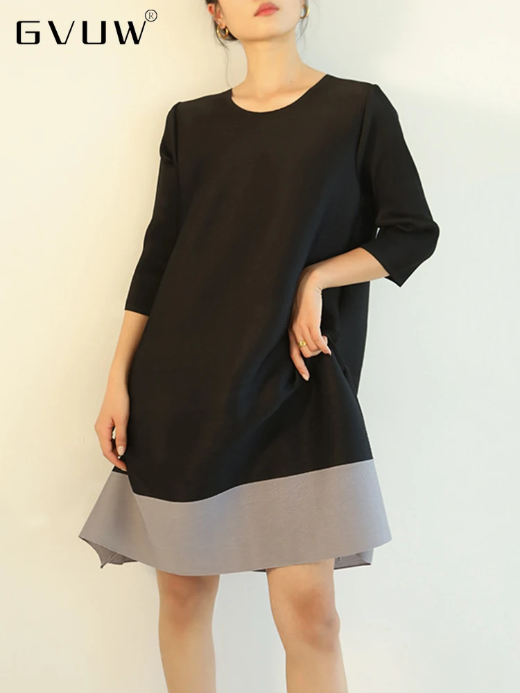 

GVUW Stitching Color Pleated Dress 2022 Spring Summer Women Loose Round Neck Thin Dresses Female Elegant Clothing 25D1012