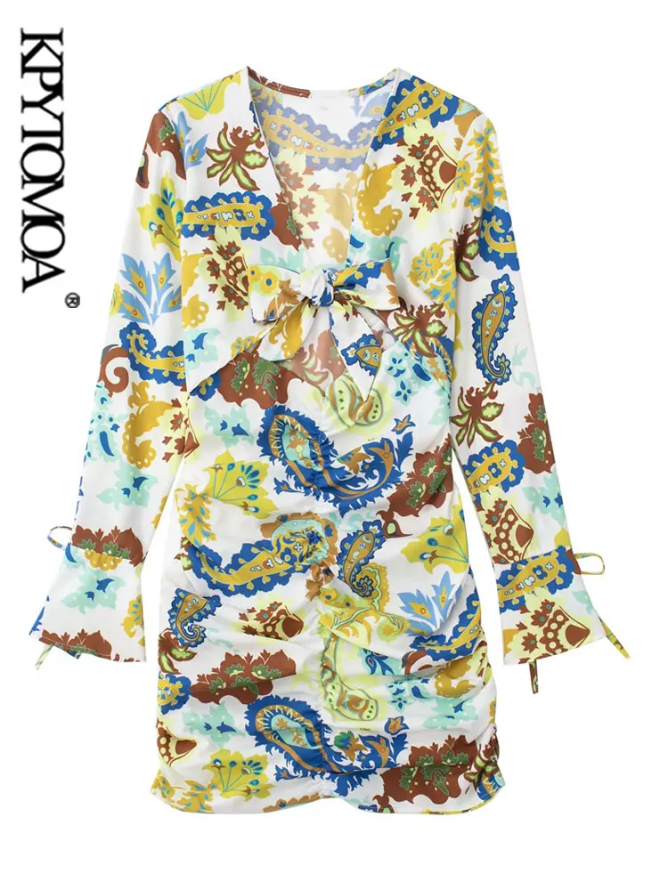 

Женское винтажное мини-платье KPYTOMOA, с бантом спереди, вырезами и принтом, с длинными расклешенными рукавами, с боковой молнией