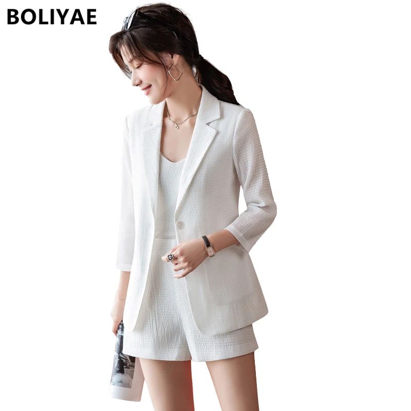 2022 Spring Summer New Casual Women Tencel Suit Shorts Suit Fashion Office Lady Middle Sleeve Blazer Jacket Solid 2 Piece Set