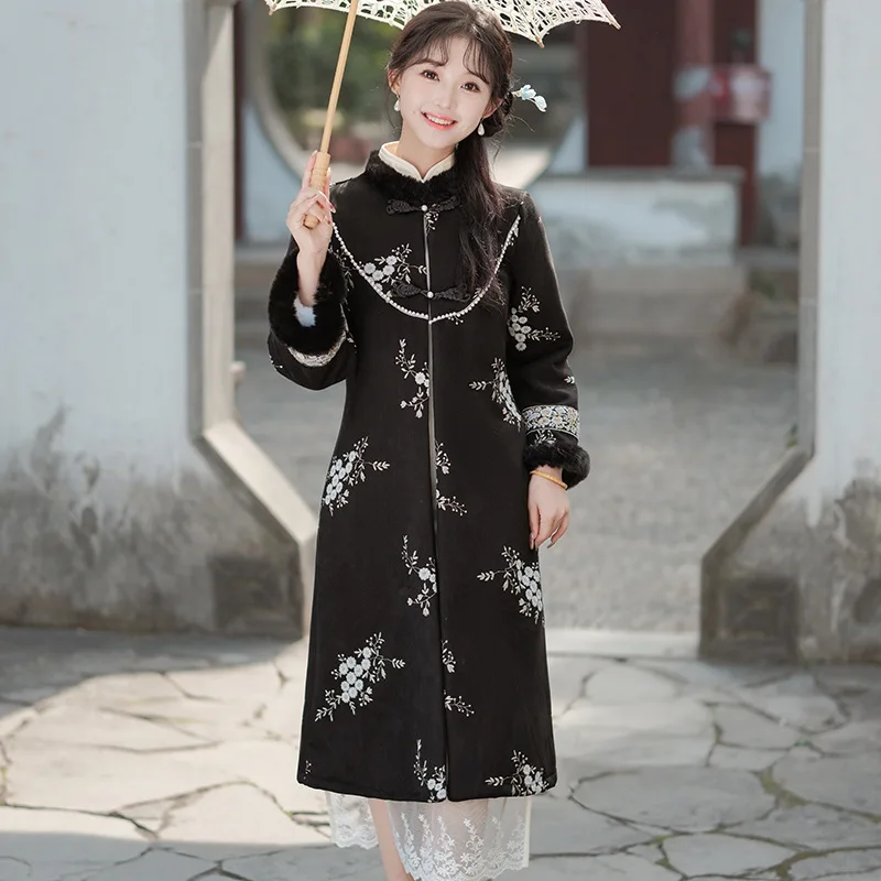 Женское Замшевое платье-Ципао с вышивкой зимнее черное длинное пальто в