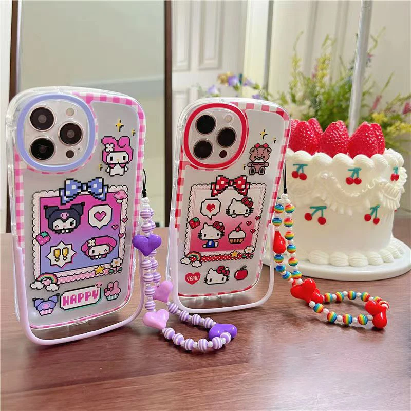 

Hello Kitty kuromi my melody Phone Case For Iphone 11 12 13 Pro Max X Xs Xr With Kickstand holder Lanyard Transparent Cover