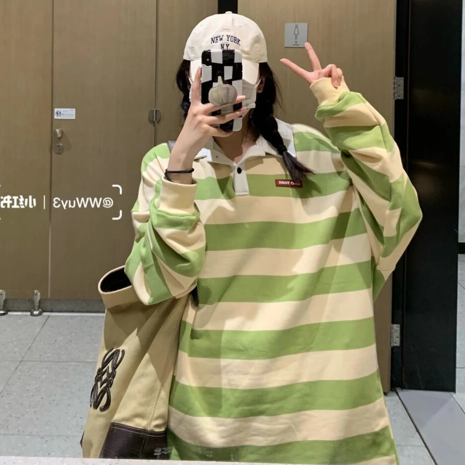 

Green Striped T-shirts Women Korean Fashion clothes Oversize Polo Tshirt Female Long Sleeve Tees Sping Autumn Tops Girl 2022