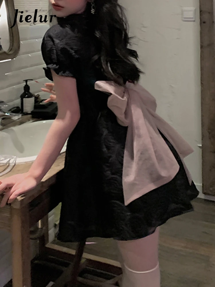 Jielur Женские платья на шнуровке с бантом и тонкой талией летнее Черное Женское