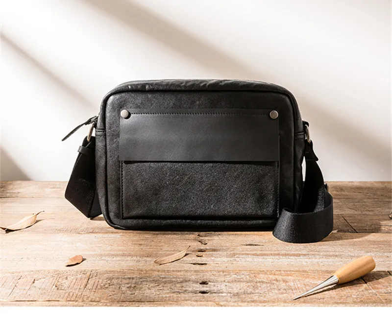 Simple casual luxurious natural genuine leather men's Joker shoulder messenger bag vegetable tanned cowhide youth black parcel