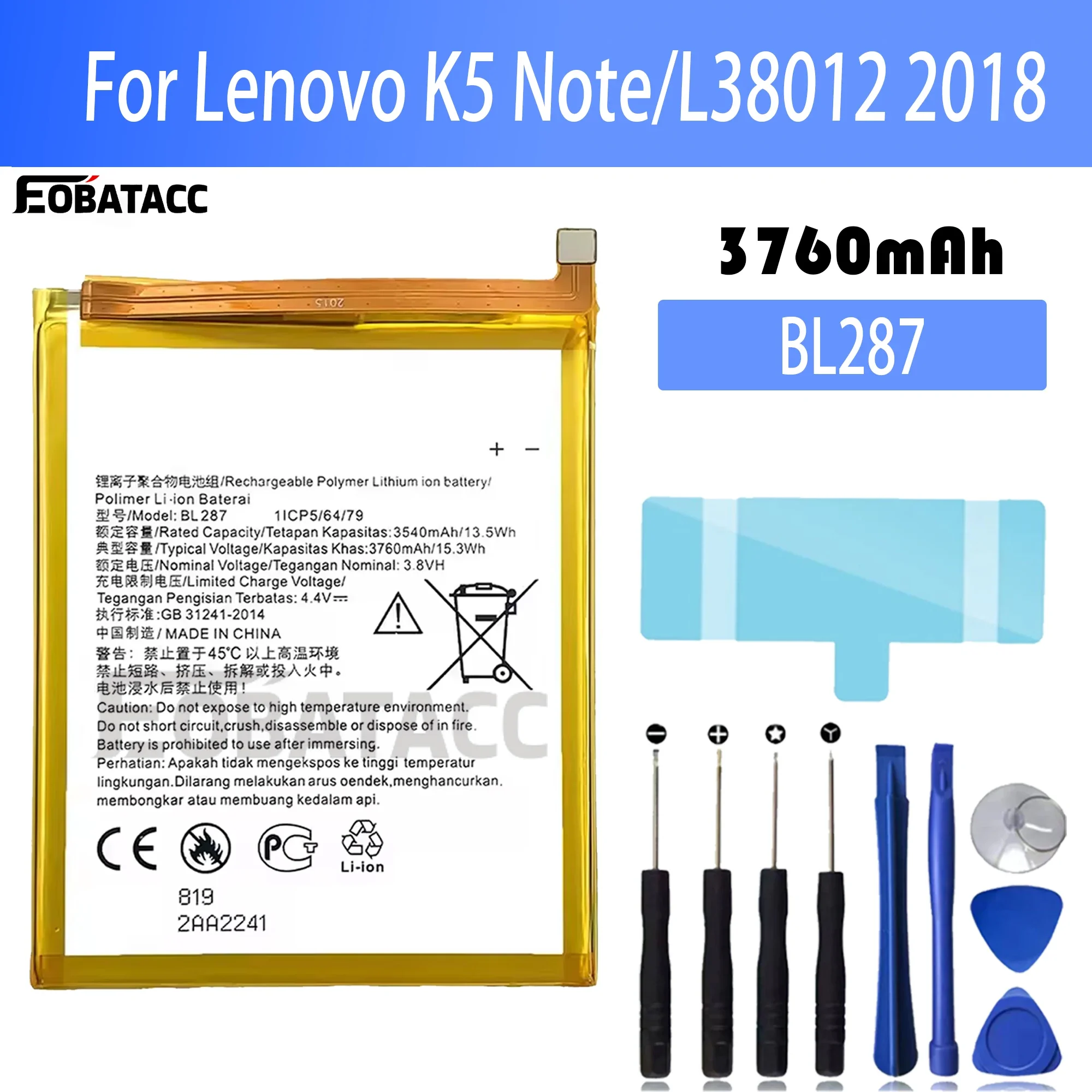 100% Новый оригинальный аккумулятор BL287 для lenovo K5 Note/L38012/2018 + Бесплатные инструменты