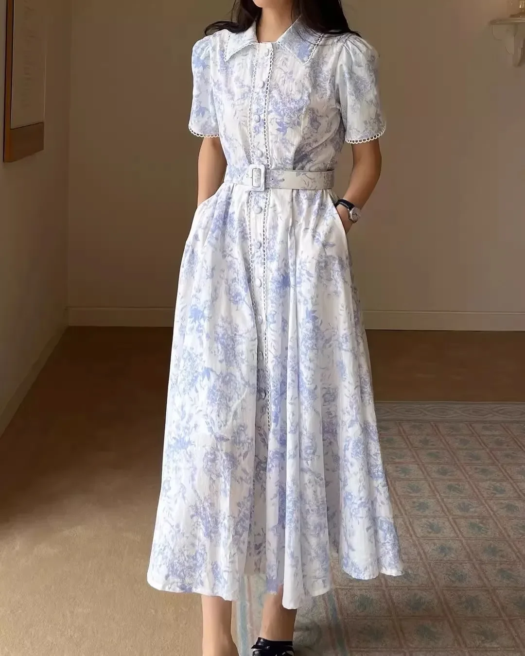 Женское платье с винтажным принтом облегающее синее поясом летняя элегантная