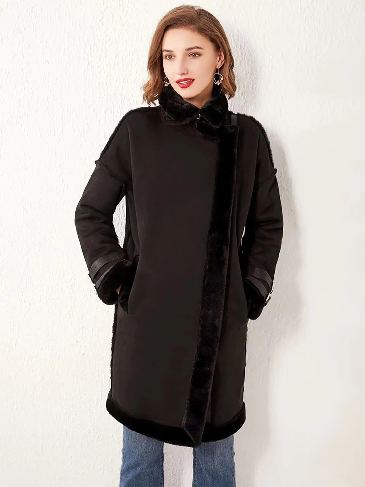 2022  Autumn Winter Women Faux Suede Leather Fur Long Jacket Streetwear Female Moto Biker Brown Coat Lady Thick Warm Outwear New