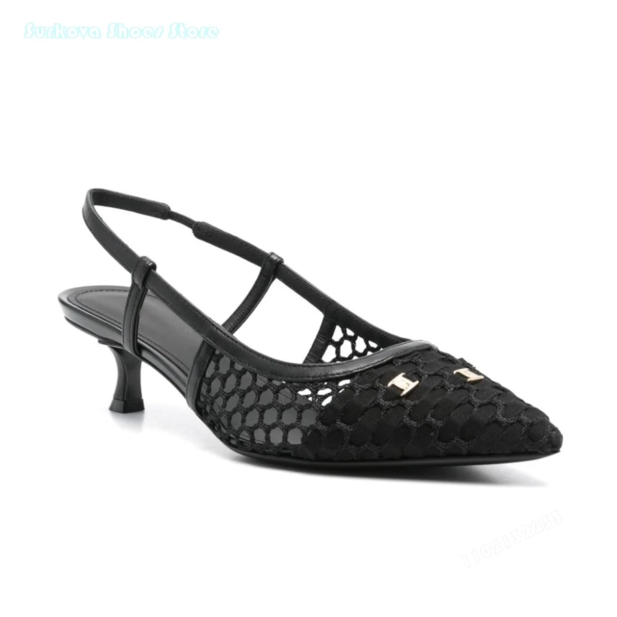 Женские босоножки на шпильке Surkova черные сетчатые туфли-лодочки с острым носком и
