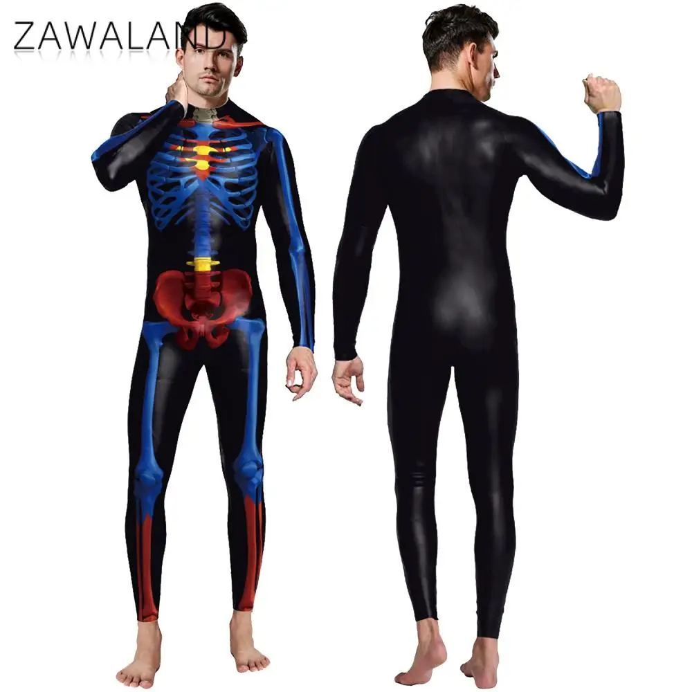 

Zawaland Halloween Festivals Carnival Party Zentai Adult Women Men Superhero Bodysuit Skeleton Printed Cosplay Costumes Outfit