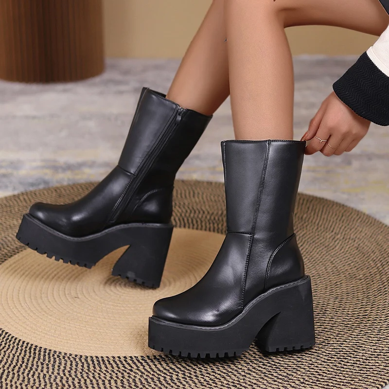 

Women Ankle High Heels Chelsea Boots Winter Shoes 2022 New Designer Thick Platform Motorcycle Boots Gladiator Pumps Snow Botas