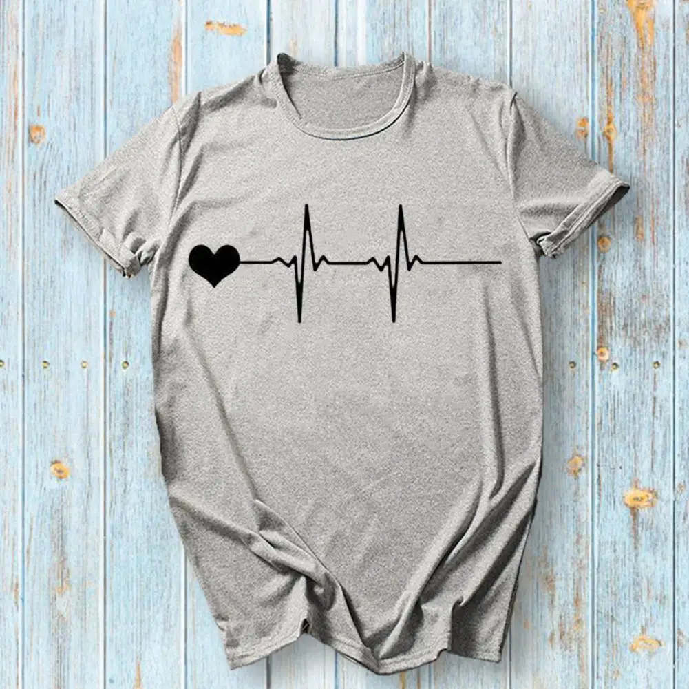 

Lightweight Chic Women Hearts Printing Sweet T-shirt Sweat Absorbing Tee Shirt All Match Streetwear