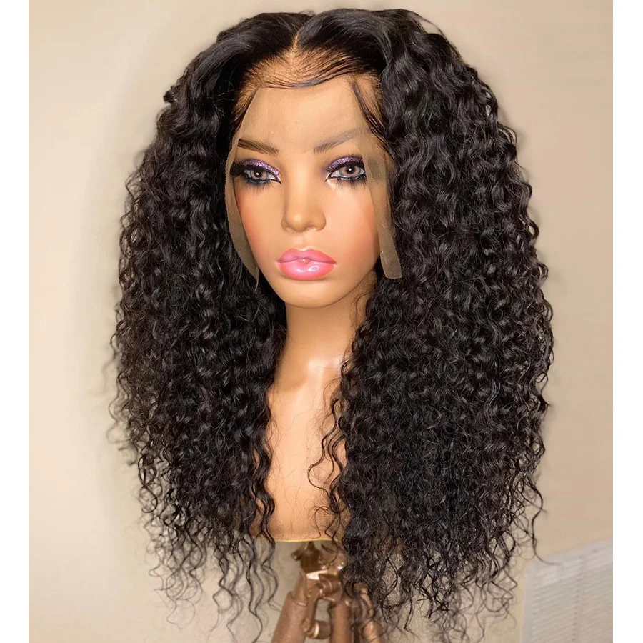 

180density Glueless Jet Black Color Kinky Curly Lace Front Wig For Women Bundles With Closure Heat Resistant Fiber Daily Wear