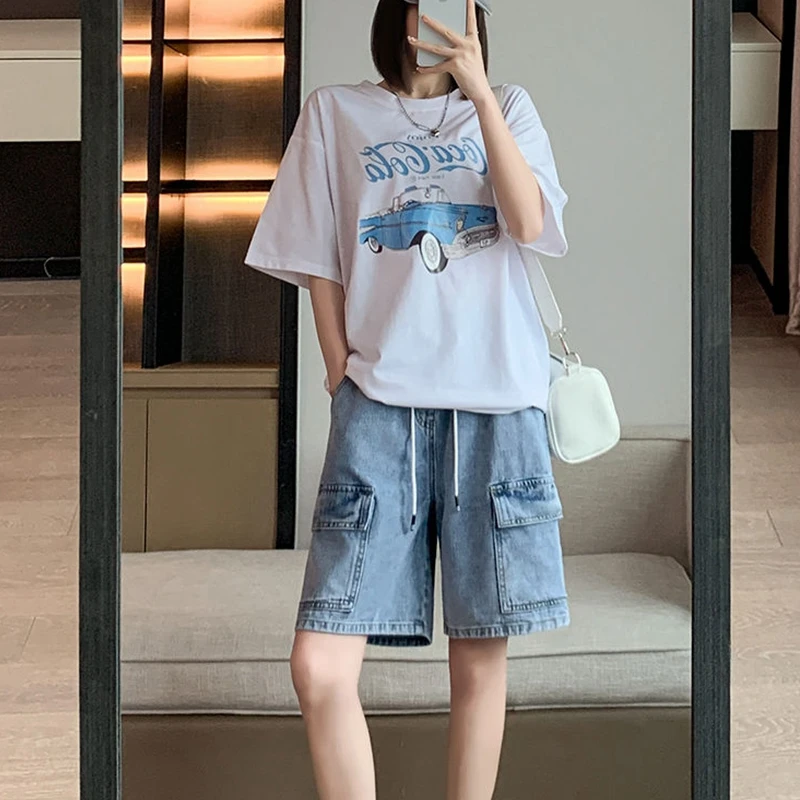Women Baggy Cargo Wide Long Shorts Jeans High Waist Blue Bermuda Denim Shorts Female Jeans Oversize New Jean Shorts Y2K Womans