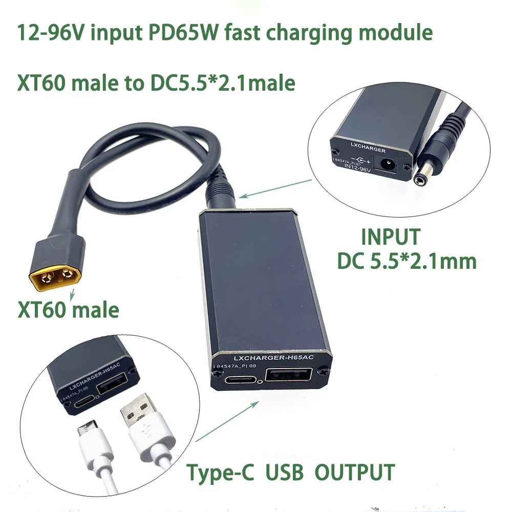 XT60 XT90 Разъем EC5–5 В DC12-96 Понижающий модуль PD65W PD/QC3.0 QC2.0 Двойной адаптер USB Type-C для