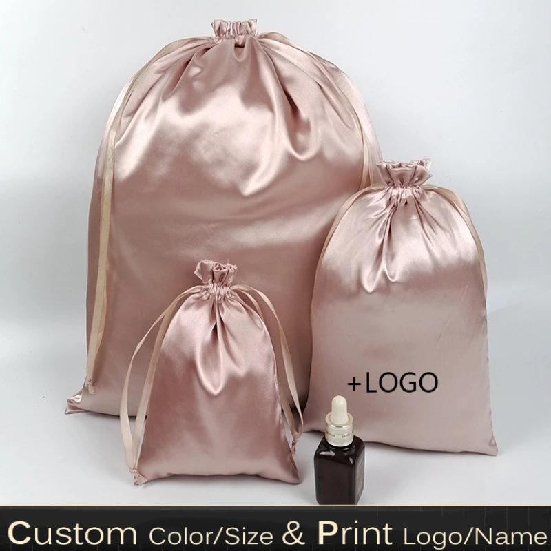 20PCS Rose Gold Silk Gift Bags Satin Drawstring Pouch Makeup Shoes Clothes Virgin Hair Wig Cosmetic Packaging Bag Storage Print - купить по