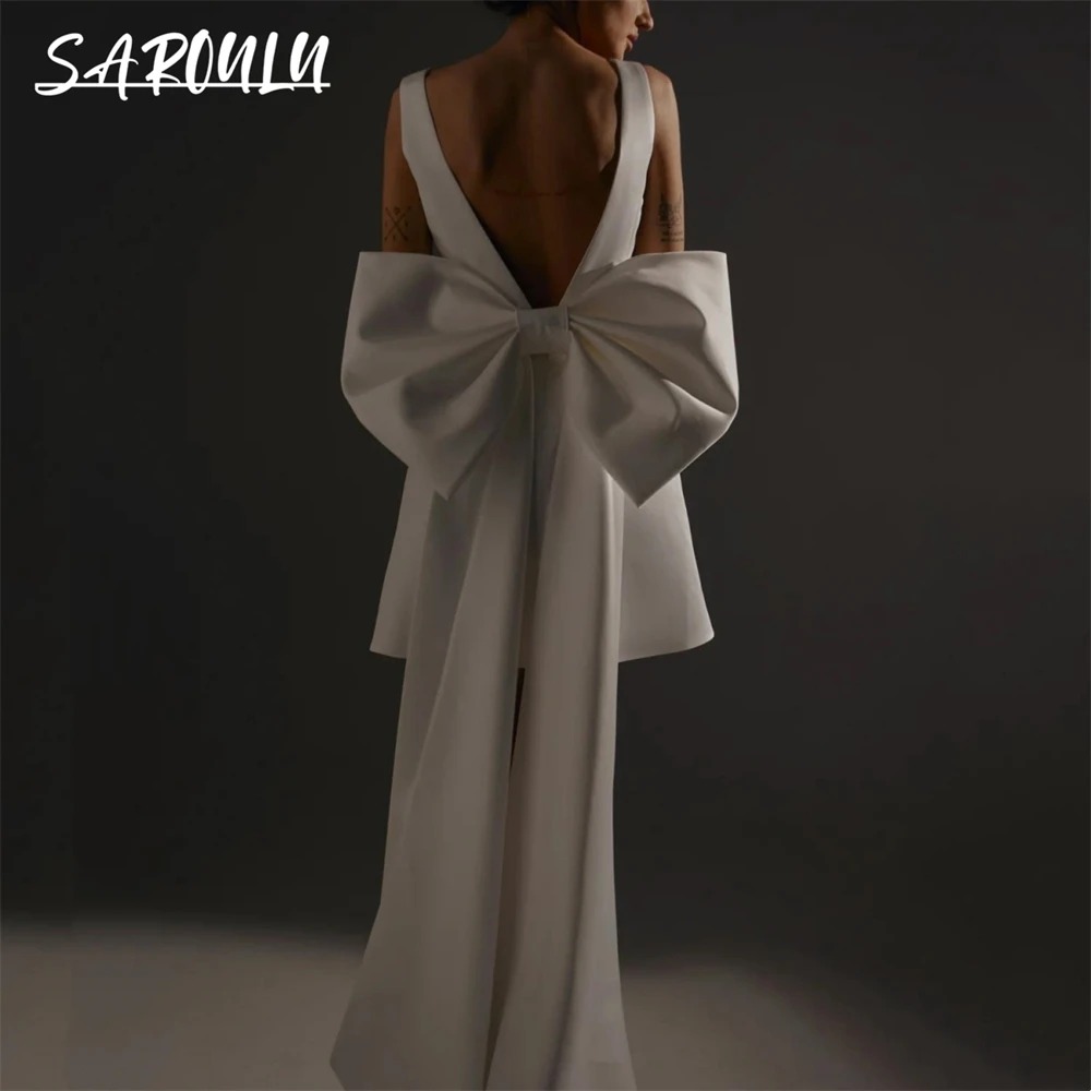 

Designer Bow Satin Short Wedding Dress Modern Chic V Neck Tank Sleeve Bride Dresses Bridal Wedding Gown Women Evening Dress