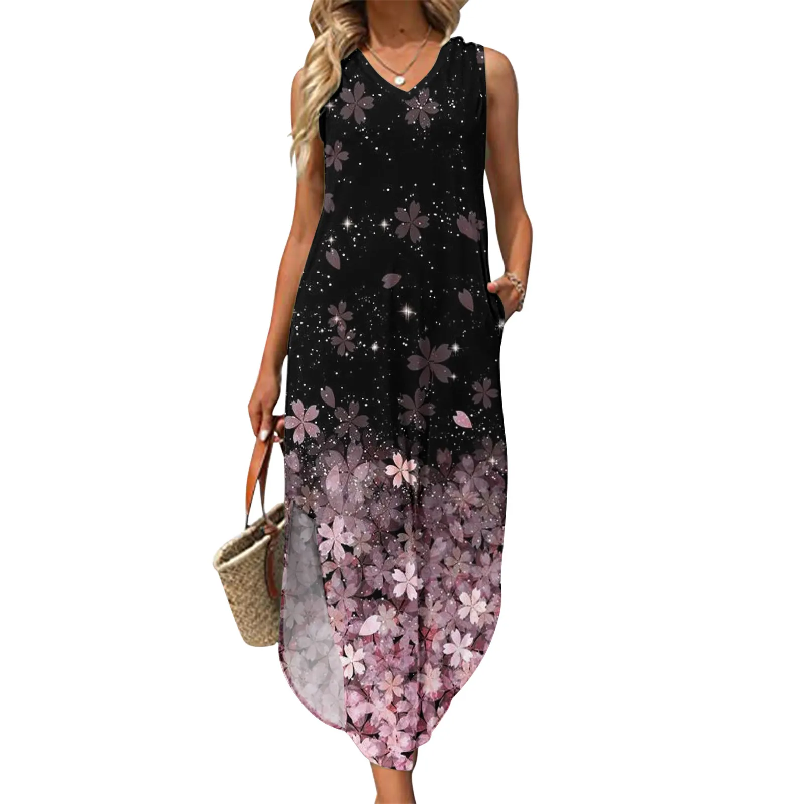 

Женское повседневное летнее платье без рукавов с принтом, модное пляжное платье на бретелях с карманами и V-образным вырезом, горное платье, ...