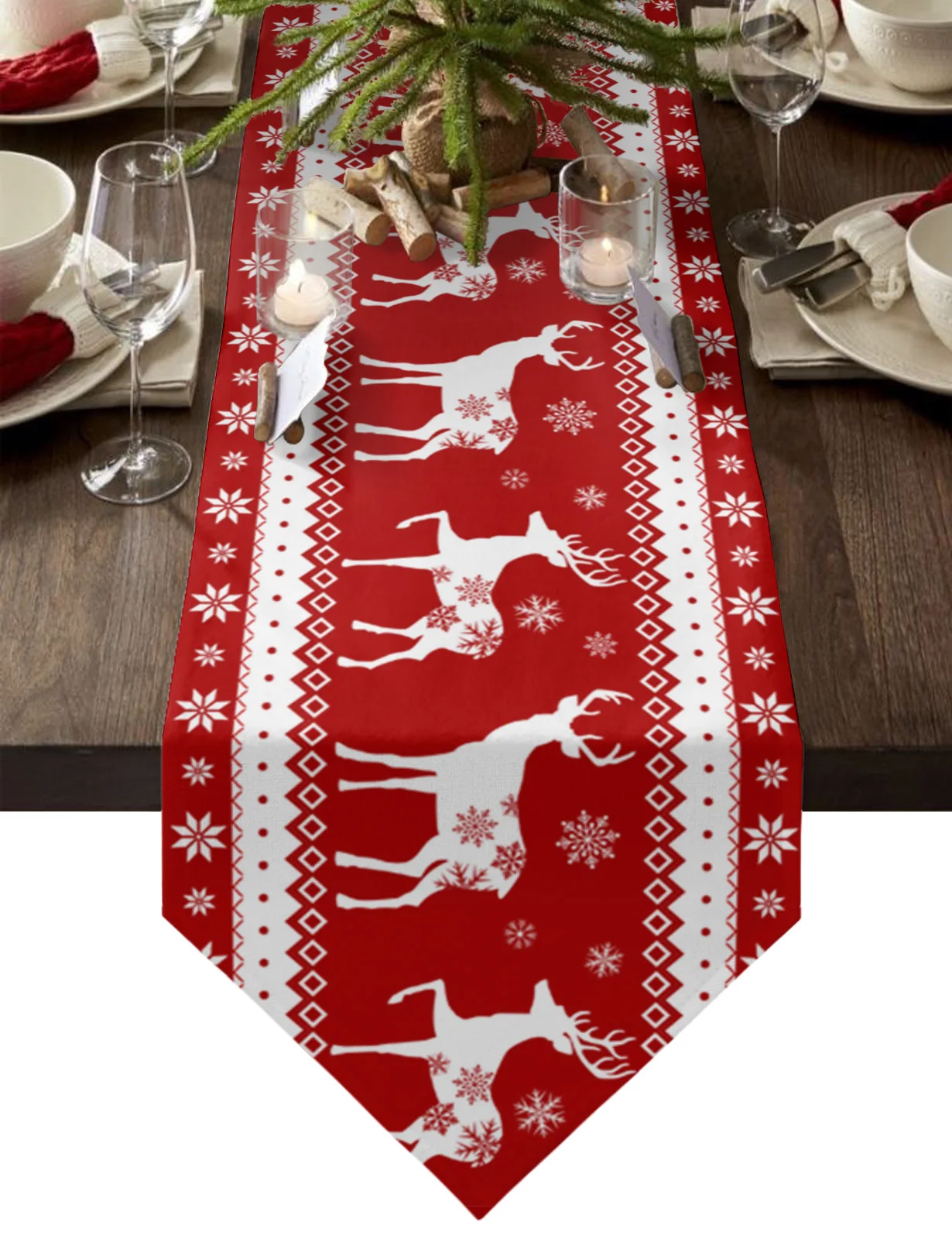 

Christmas Winter Elk Snowflakes Red Background Table Runner Desktop Tablecloth Decorations For Home Xmas New Year Ornaments