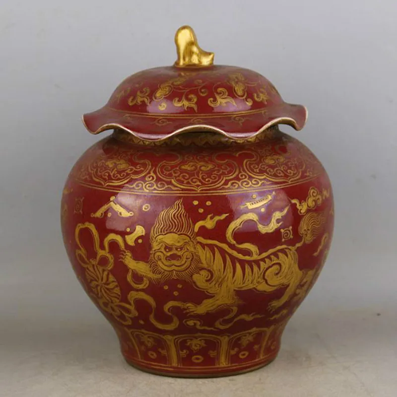 

Antique Jingdezhen Handmade Porcelain Vase Sacrificial Red Glaze Gold Dragon Ceramic Art Gar