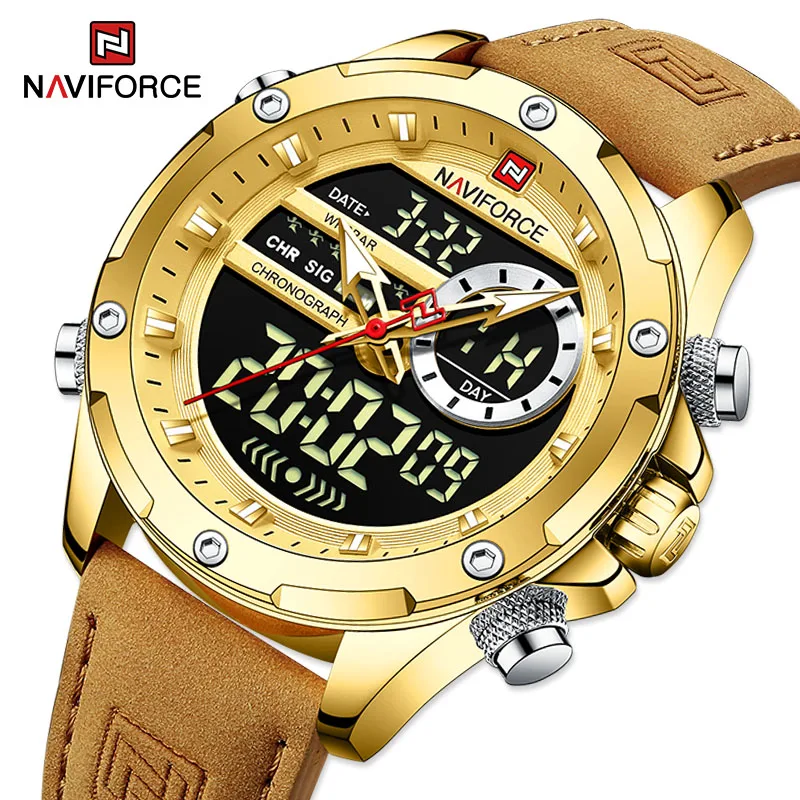  NAVIFORCE Luxury Gold Watches For Men Casual Sports Chronograph Alarm Quartz Wrist Watch Leather Waterproof Digital Clock 9163 