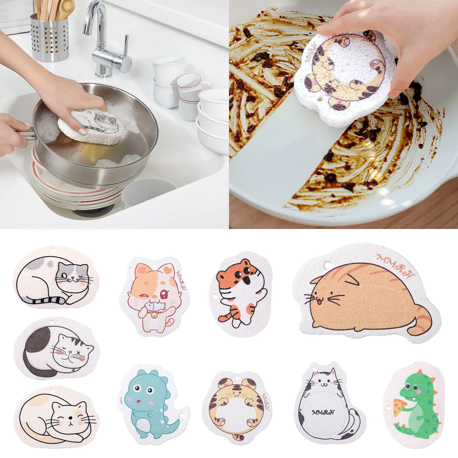 

Cartoon Printing Compressed Wood Pulp Sponge Wipe Decontamination Cleaning Brush Toilet Brush Set