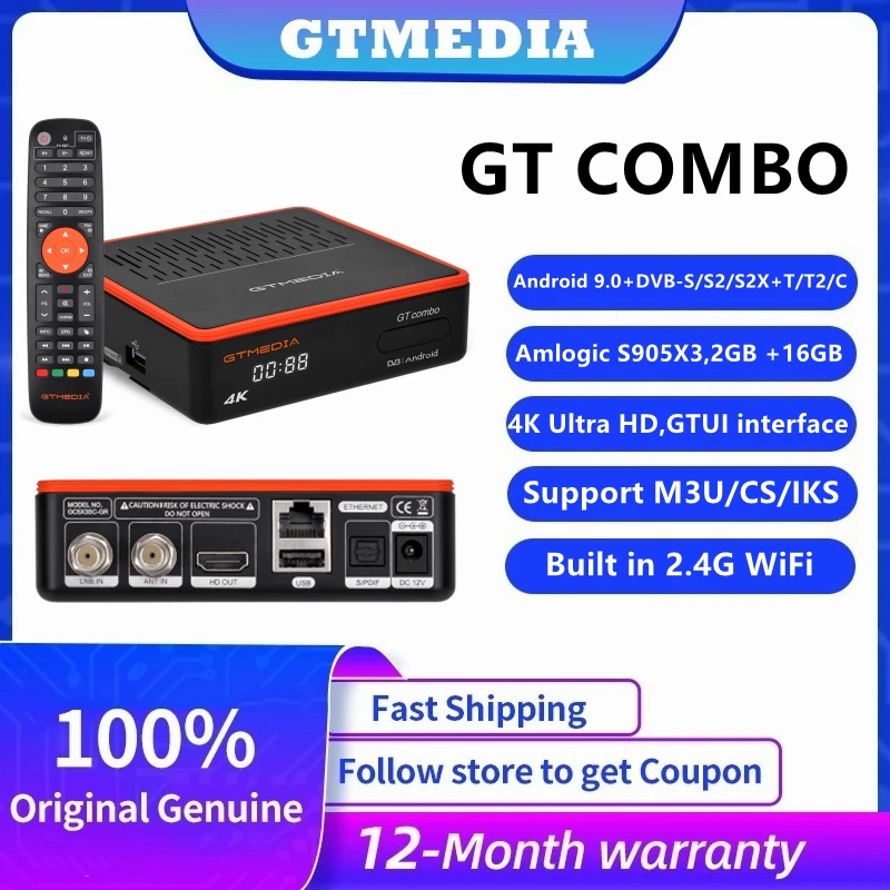 

GTMEDIA GT Combo 4K HD Android Smart TV BOX 4:2:2 DVB-S2/T2/C 2G + 16G спутниковый ресивер Ccam M3U встроенный Wifi Корабль из Испании