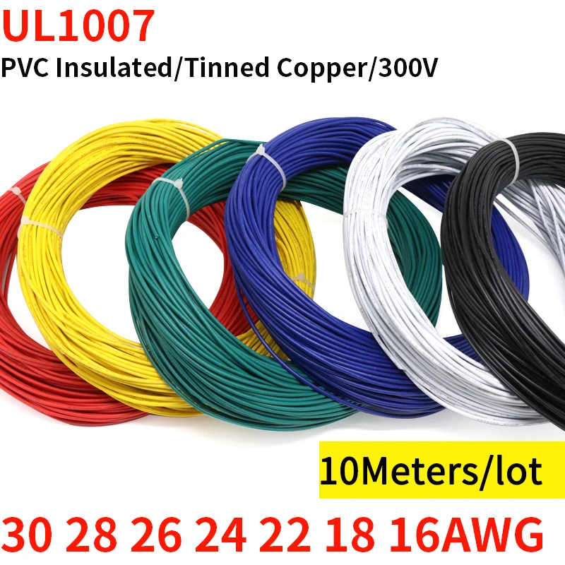 

10M UL1007 PVC Tinned Copper Wire Cable 16/18/20/22/24/26/28/30 AWG White/Black/Red/Yellow/Green/Blue/Gray/Purple/Brown/Orange