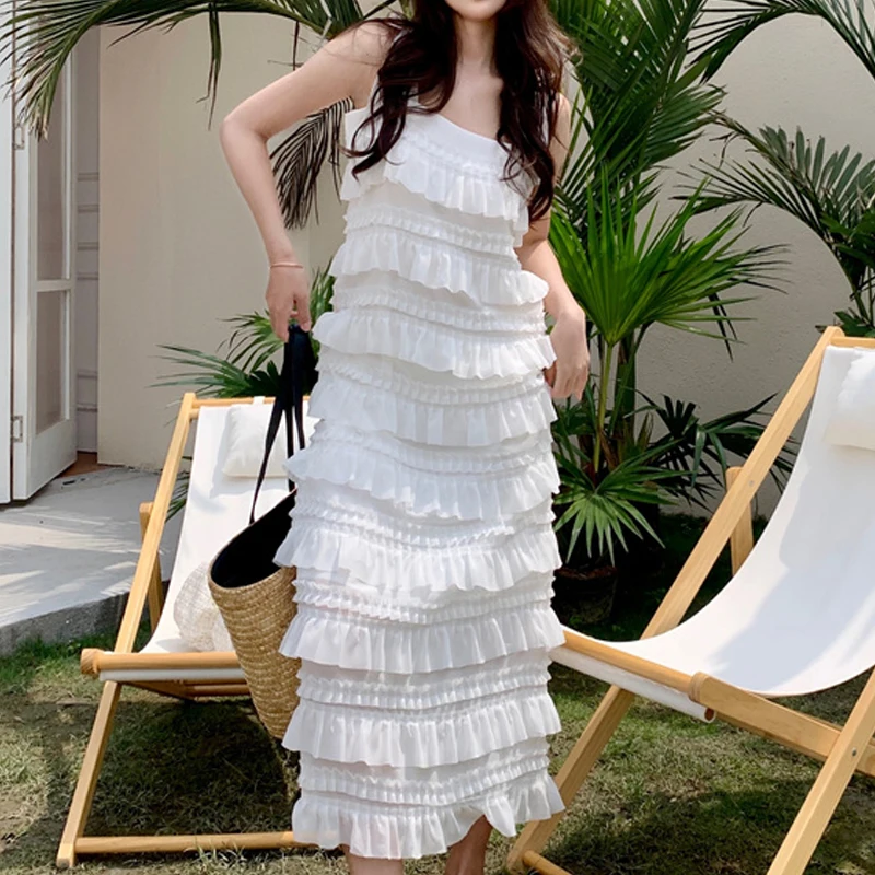 

Temperament Word Collar Comfortable Stitching Women'S Summer New Solid Color High Waist Chiffon Loose Cake Suspender Dress