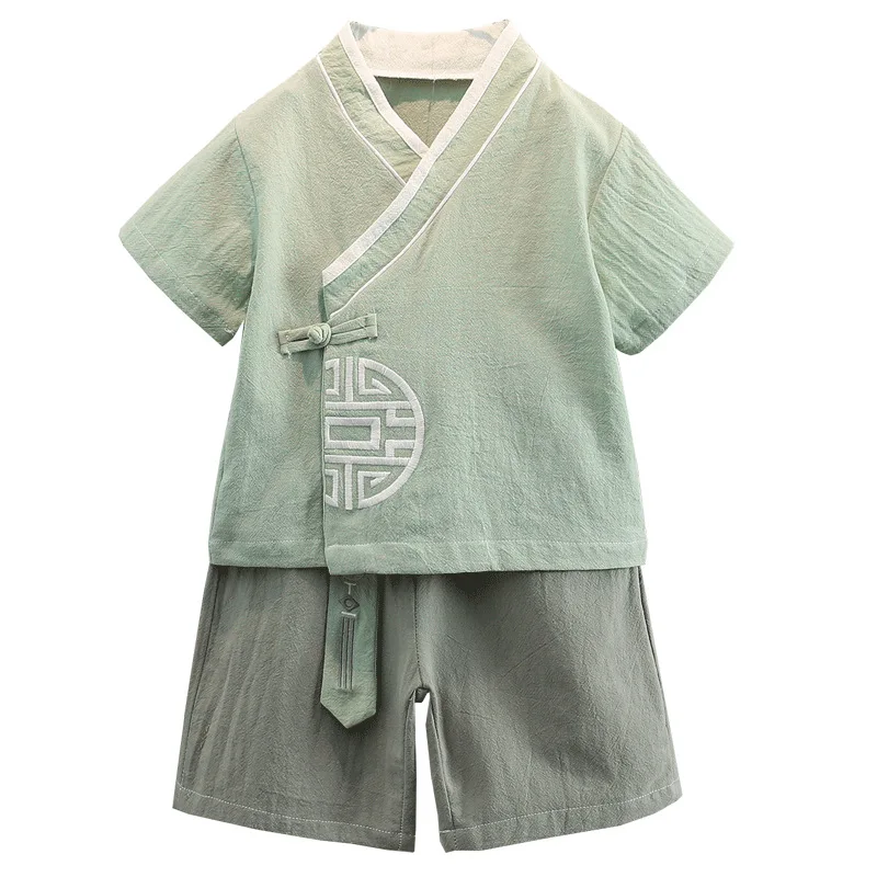 Boys summer Chinese style Tang dress Hanfu short sleeve set cotton 3-4-2 year old baby ancient costume children two sets