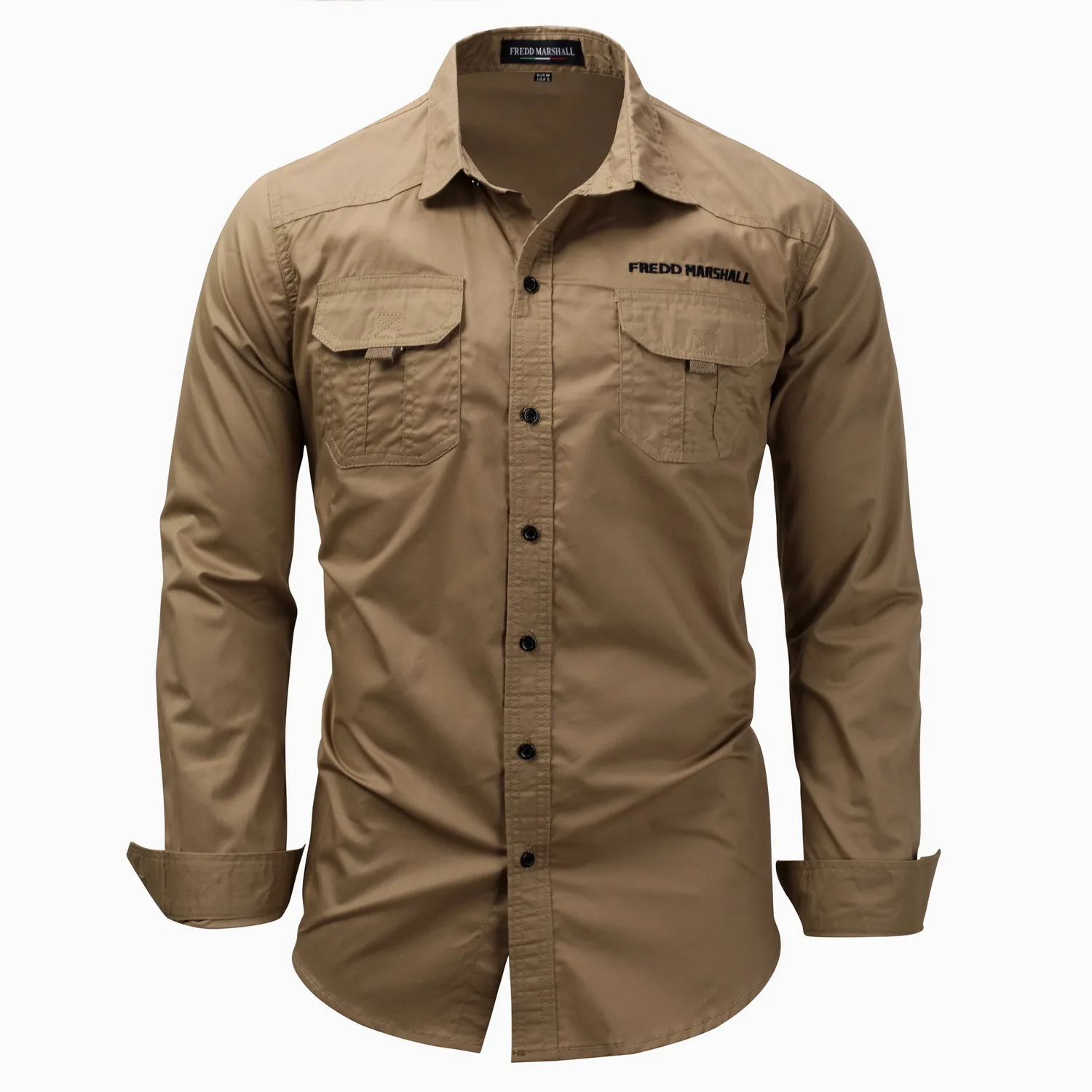 

Long Sleeve Lapel Outdoor Cotton Men's Shirt Casual Pocket Military Style Chest Embroidery Black Khaki Buttons Shirts Large Size