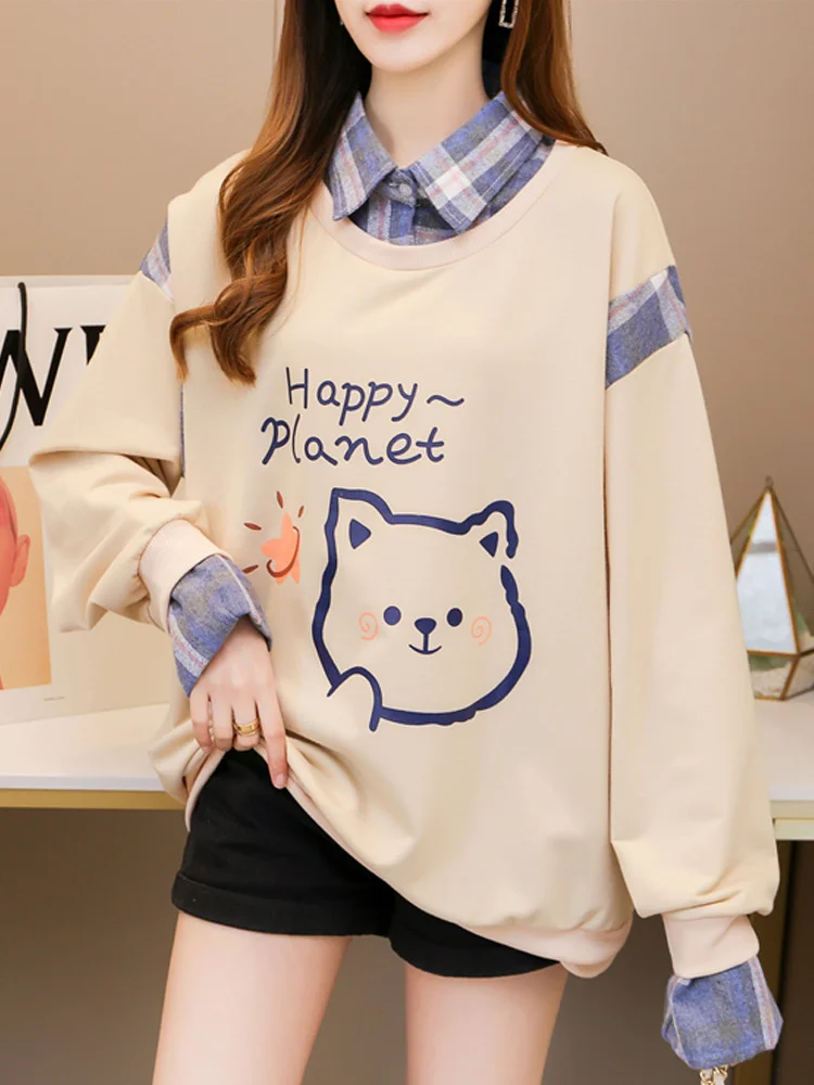 

Женские тонкие толстовки с мультяшным принтом, хлопковые Толстовки большого размера с длинным рукавом, в клетку, в стиле пэчворк, с имитацией двух предметов, Повседневная Милая одежда