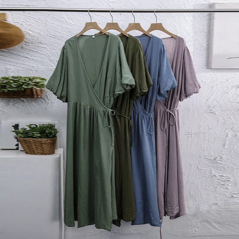 Шикарное женское платье из 100% хлопка с V-образным вырезом и пышными рукавами