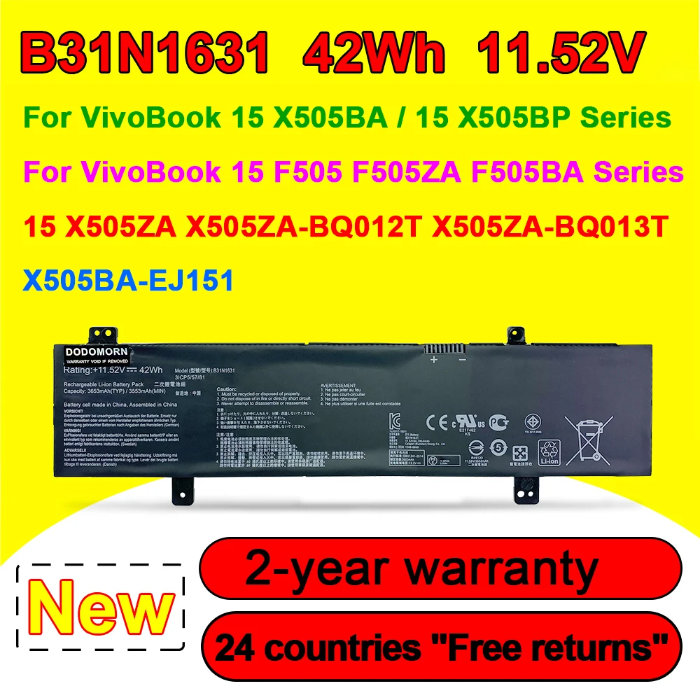 Фото Новый аккумулятор B31N1631 для ноутбуков ASUS VivoBook X505BP X505ZA X505BA F505 F505ZA F505BA K505B A505Z X505BA-1A 11.52V 42wh №1