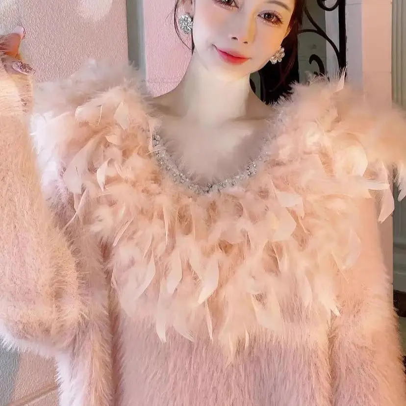 

Luxury V-Neck Mohair Crystal Sweater 3D Feathers Tassels Beaded Mink Cashmere Furry Pullovers Wool Knitwear Tops Sueter Jerséis