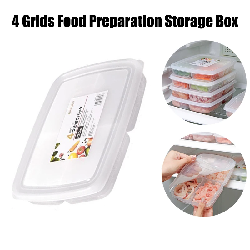 

4 Grids Food Preparation Storage Box Compartment Refrigerator Freezer Organizers Sub-Packed Meat Onion Ginger Dishes Crisper