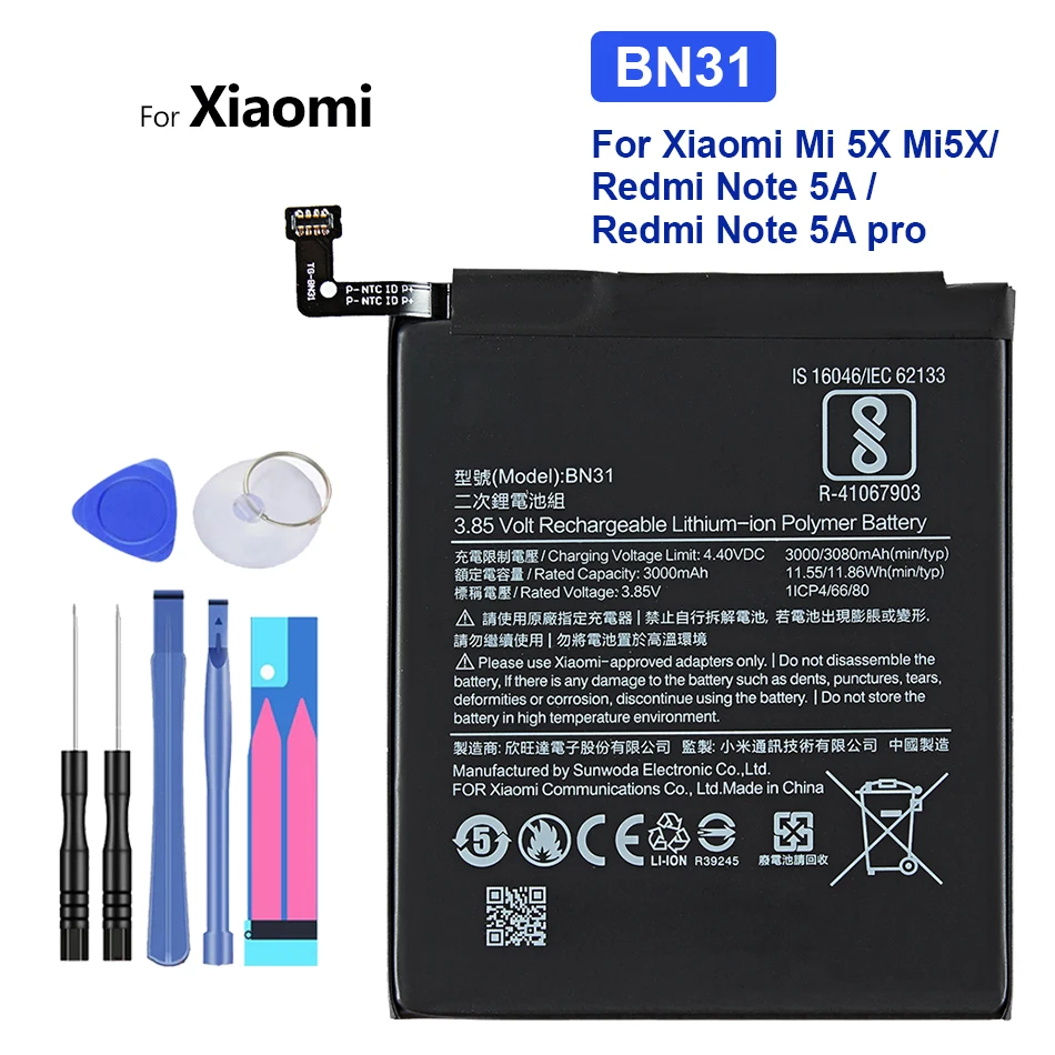 

BN31 Battery for Xiaomi Xiao Mi Pocophone F1 Redmi Note 5 5X 5S Plus 5A Pro A2 A3 Lite Max Mix 1 2 3 2S 3 3S 3X 4 4X 4A Prime