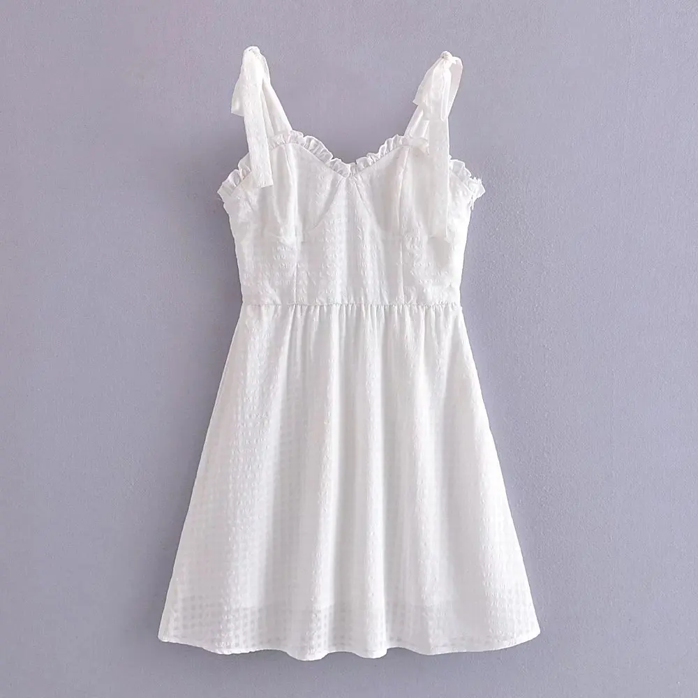 

PB & ZA2022 summer new fashion commuter texture fresh sweet women's lace bow lace white short suspender dress